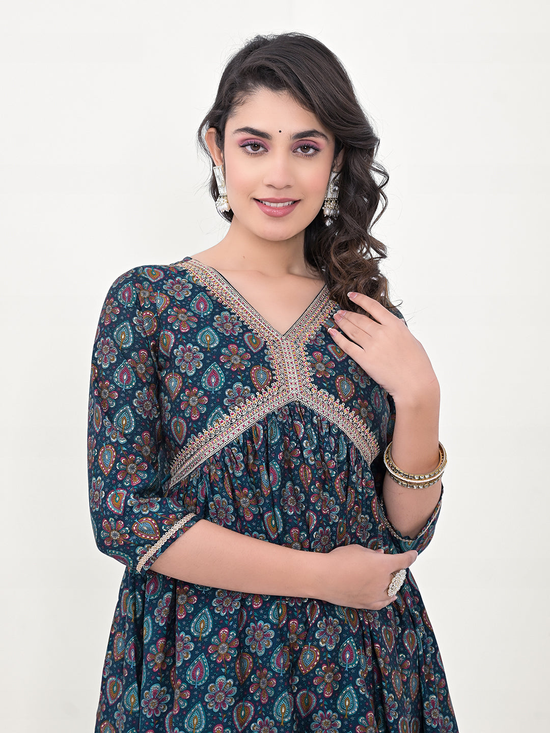 Elegant Navy Blue Long Kurti | Silk Blend with Designer Printed Work