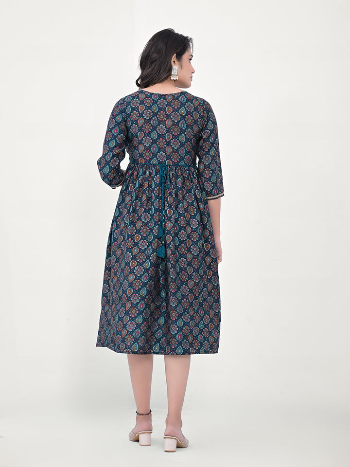 Elegant Navy Blue Long Kurti | Silk Blend with Designer Printed Work