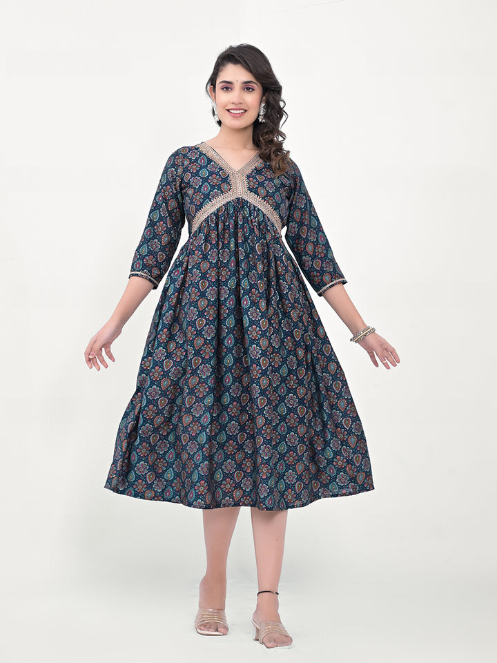 Elegant Navy Blue Long Kurti | Silk Blend with Designer Printed Work