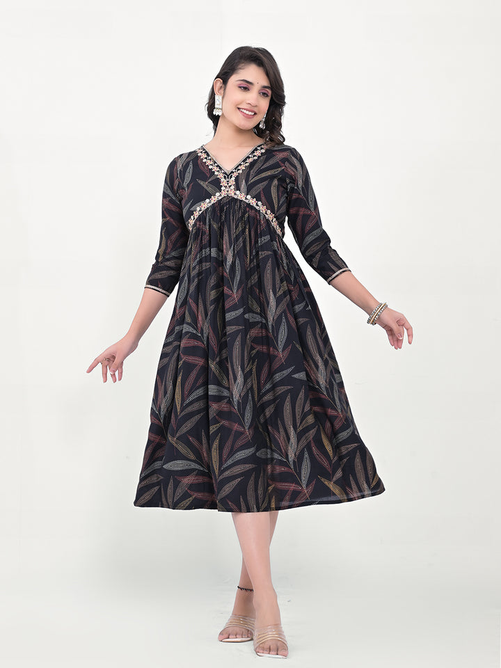 Navy Blue Kurti for Women | Designer Printed Silk Blend Kurta