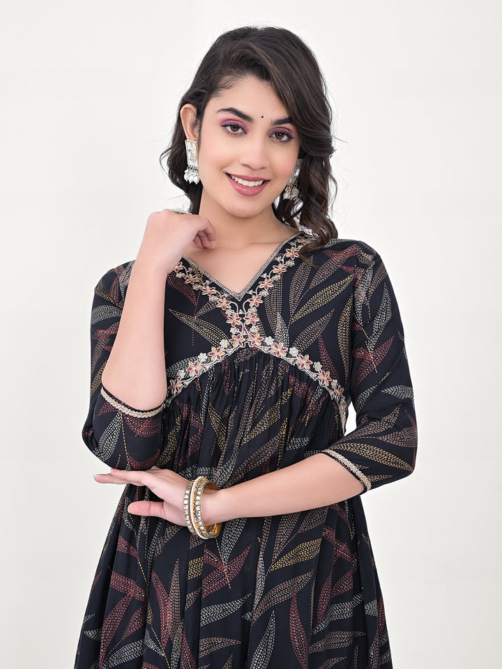 Navy Blue Kurti for Women | Designer Printed Silk Blend Kurta
