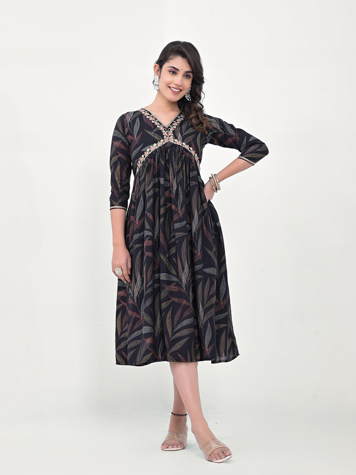 Navy Blue Kurti for Women | Designer Printed Silk Blend Kurta