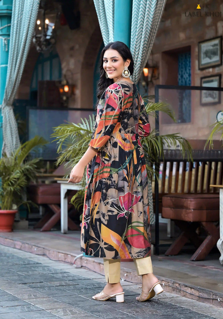 Multicolor Silk Blend Kurti | Designer Printed Long Indian Ethnic Wear