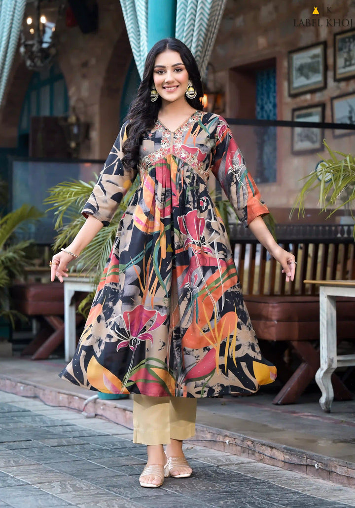 Multicolor Silk Blend Kurti | Designer Printed Long Indian Ethnic Wear