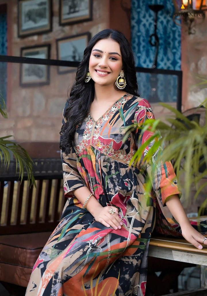 Multicolor Silk Blend Kurti | Designer Printed Long Indian Ethnic Wear