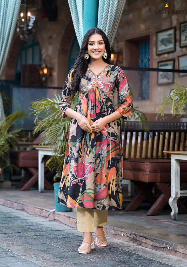 Multicolor Silk Blend Kurti | Designer Printed Long Indian Ethnic Wear
