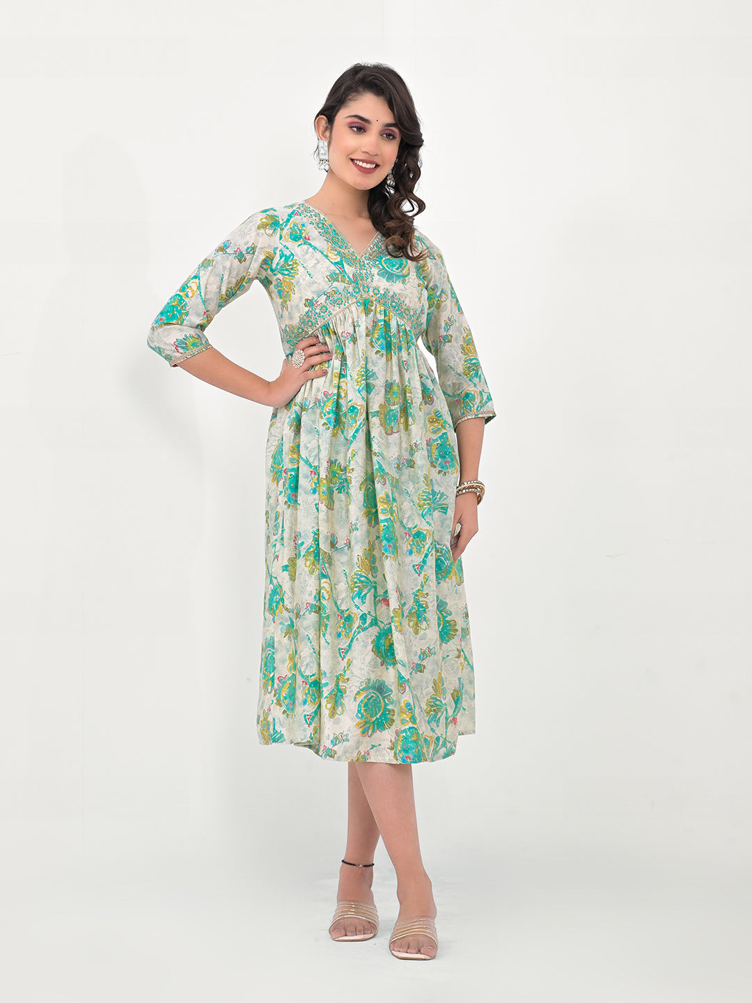 Stylish Floral Fit & Flare Kurti | Designer Printed Indian Silk Blend