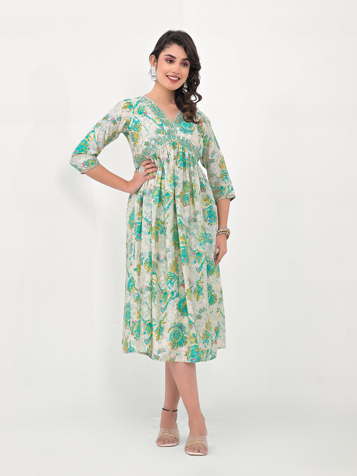Stylish Floral Fit & Flare Kurti | Designer Printed Indian Silk Blend