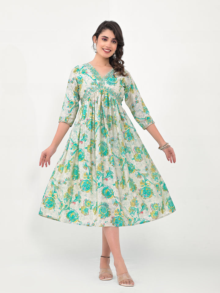 Stylish Floral Fit & Flare Kurti | Designer Printed Indian Silk Blend