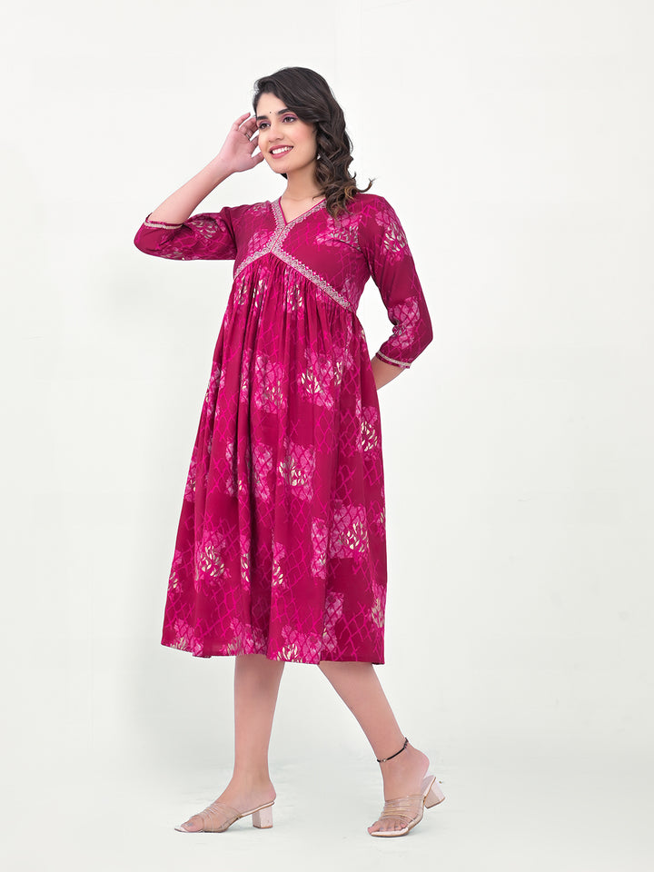 Magenta Designer Printed Kurti | Silk Blend Long Indian Ethnic Wear