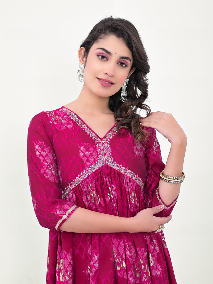 Magenta Designer Printed Kurti | Silk Blend Long Indian Ethnic Wear