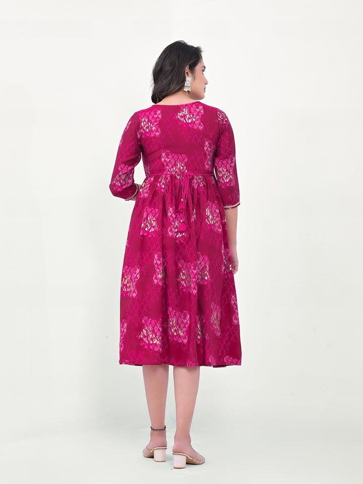 Magenta Designer Printed Kurti | Silk Blend Long Indian Ethnic Wear