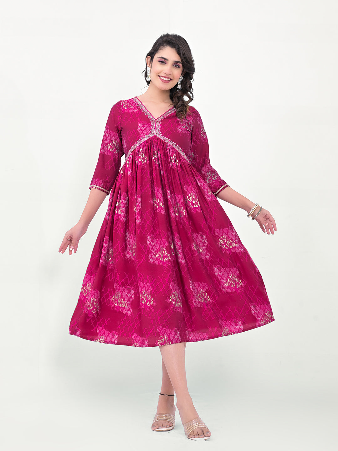 Magenta Designer Printed Kurti | Silk Blend Long Indian Ethnic Wear