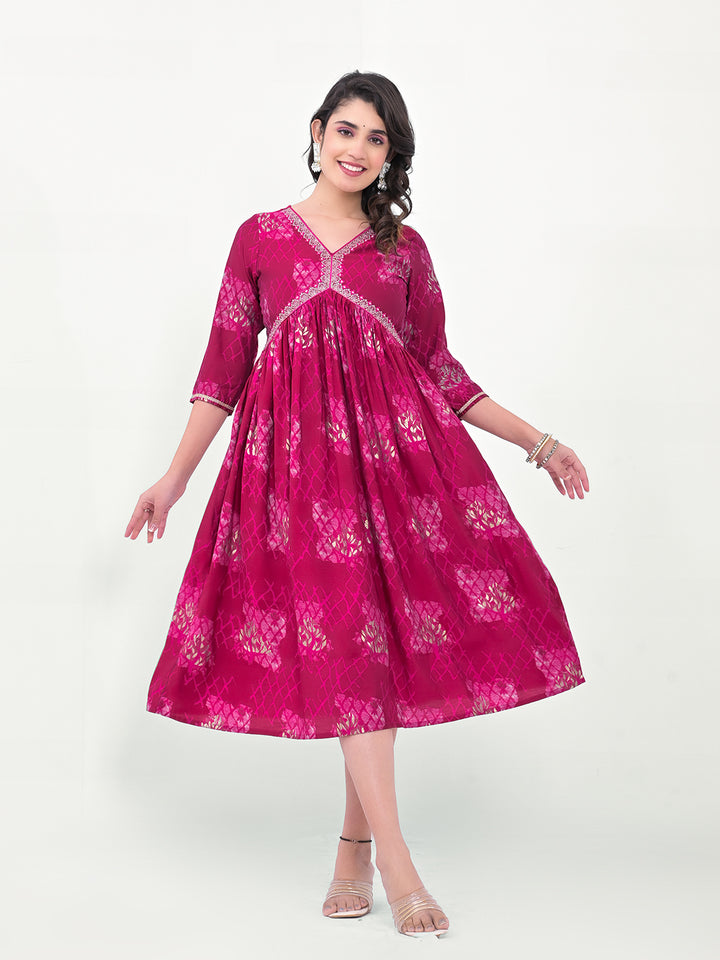 Magenta Designer Printed Kurti | Silk Blend Long Indian Ethnic Wear