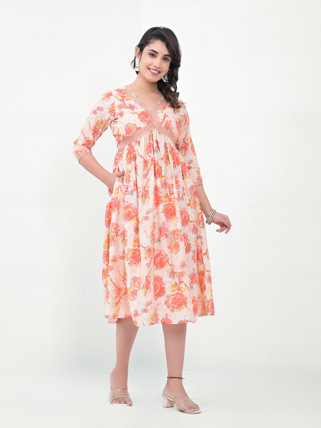 Stylish Floral Fit & Flare Kurti | Designer Printed Indian Silk Blend