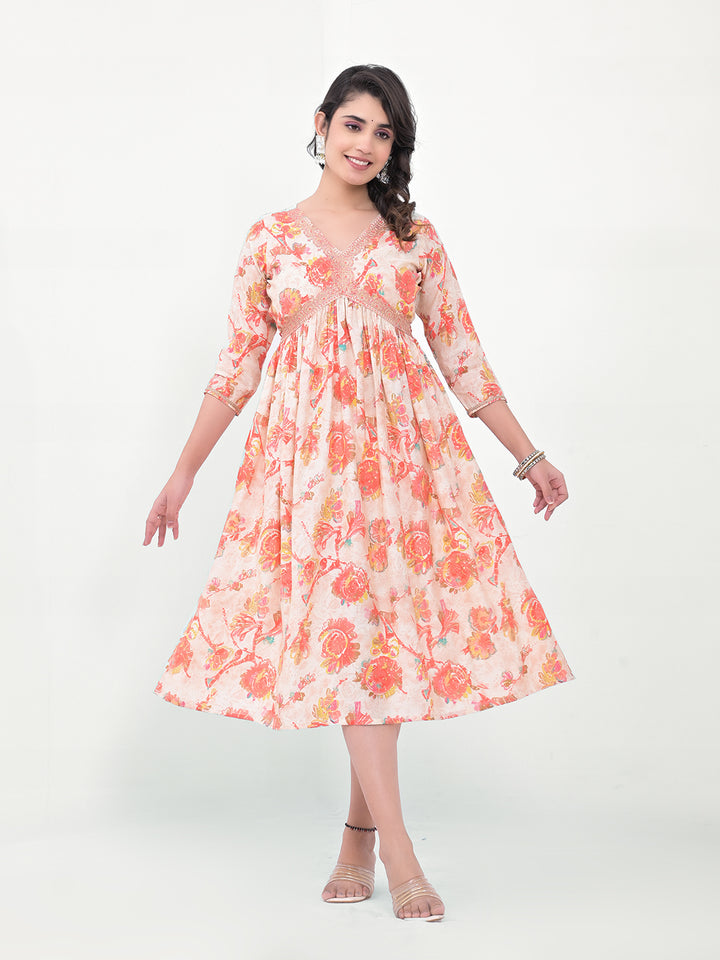 Stylish Floral Fit & Flare Kurti | Designer Printed Indian Silk Blend