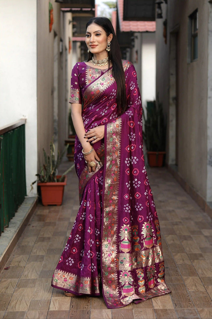 Dola Silk Party Wear Saree | Hand Printed Bandhej with Wevon Matka Border