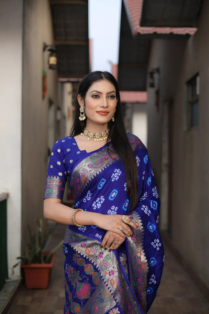 Dola Silk Party Wear Saree | Hand Printed Bandhej with Wevon Matka Border
