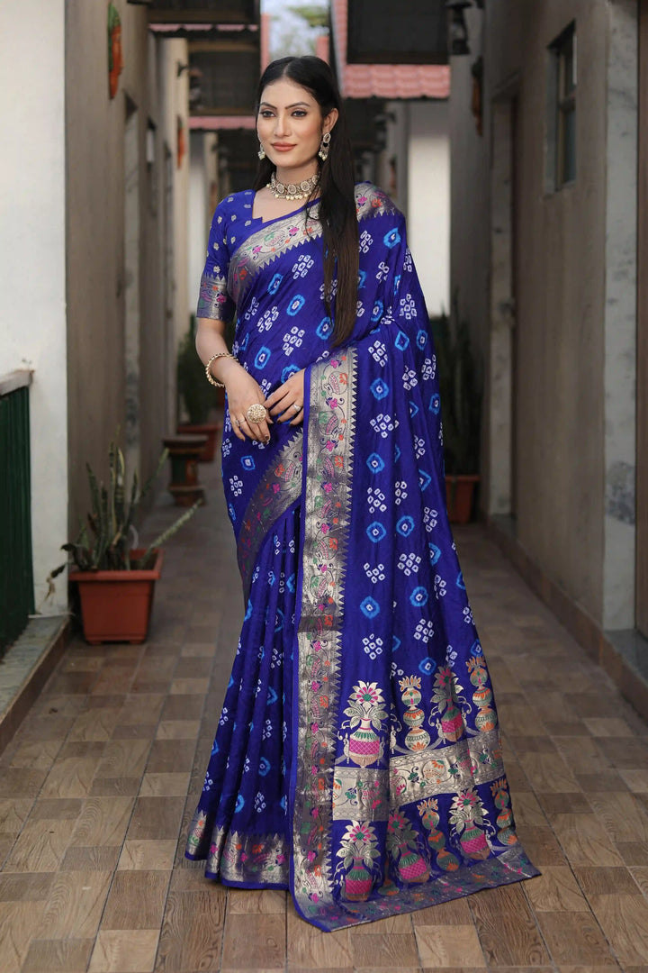 Dola Silk Party Wear Saree | Hand Printed Bandhej with Wevon Matka Border