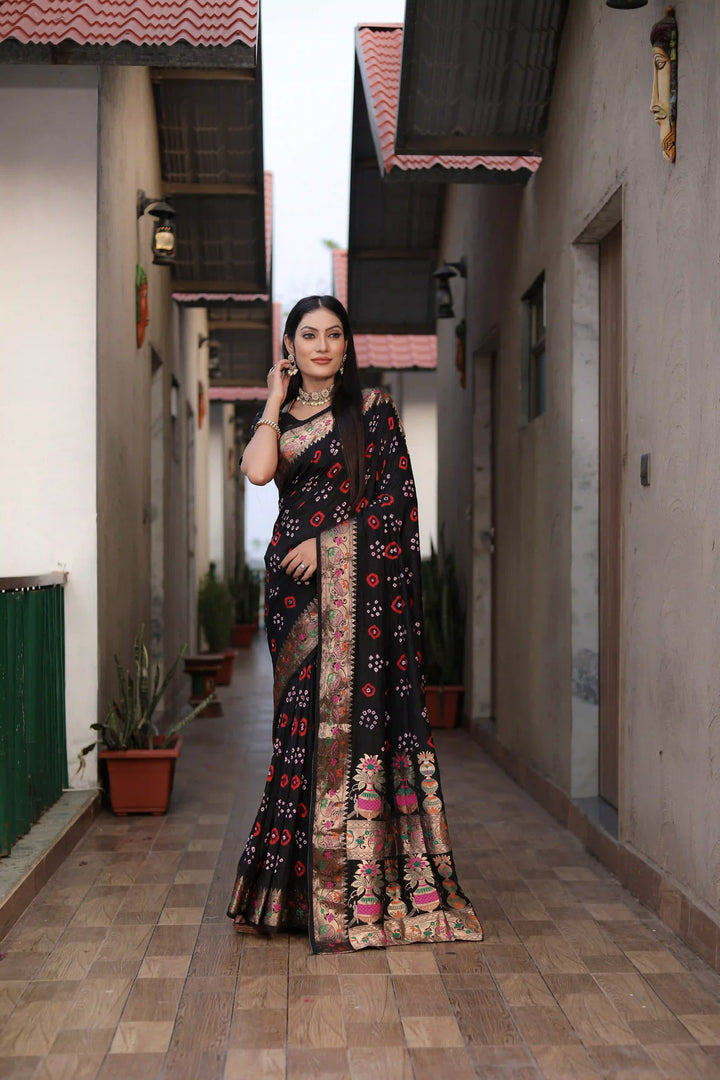 Dola Silk Party Wear Saree | Hand Printed Bandhej with Wevon Matka Border