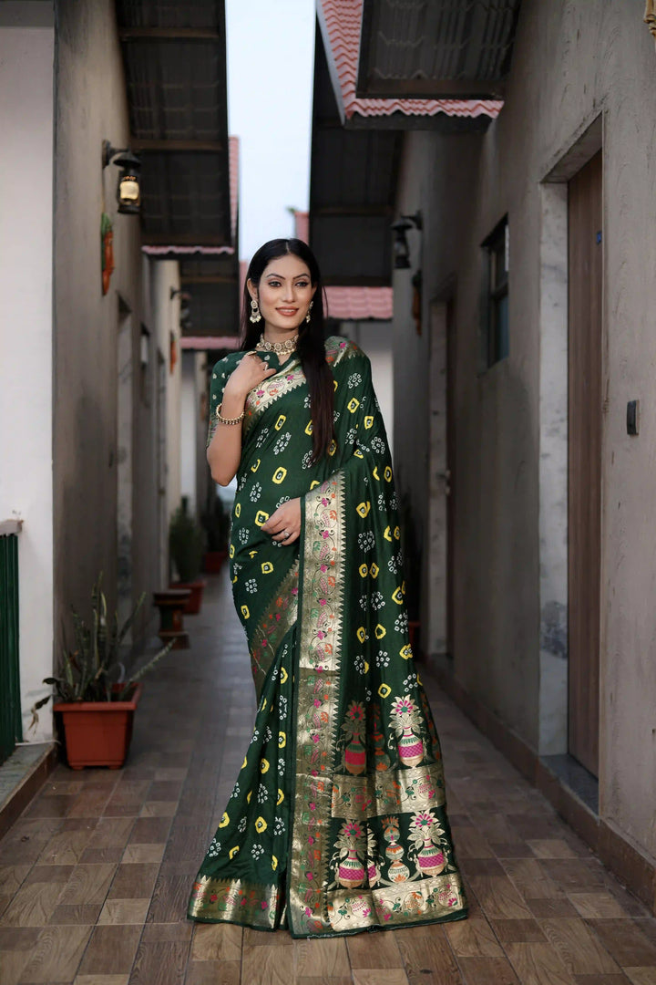 Dola Silk Party Wear Saree | Hand Printed Bandhej with Wevon Matka Border