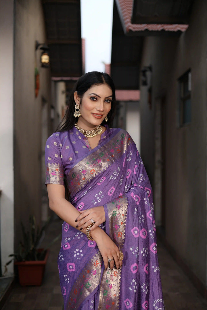 Dola Silk Party Wear Saree | Hand Printed Bandhej with Wevon Matka Border