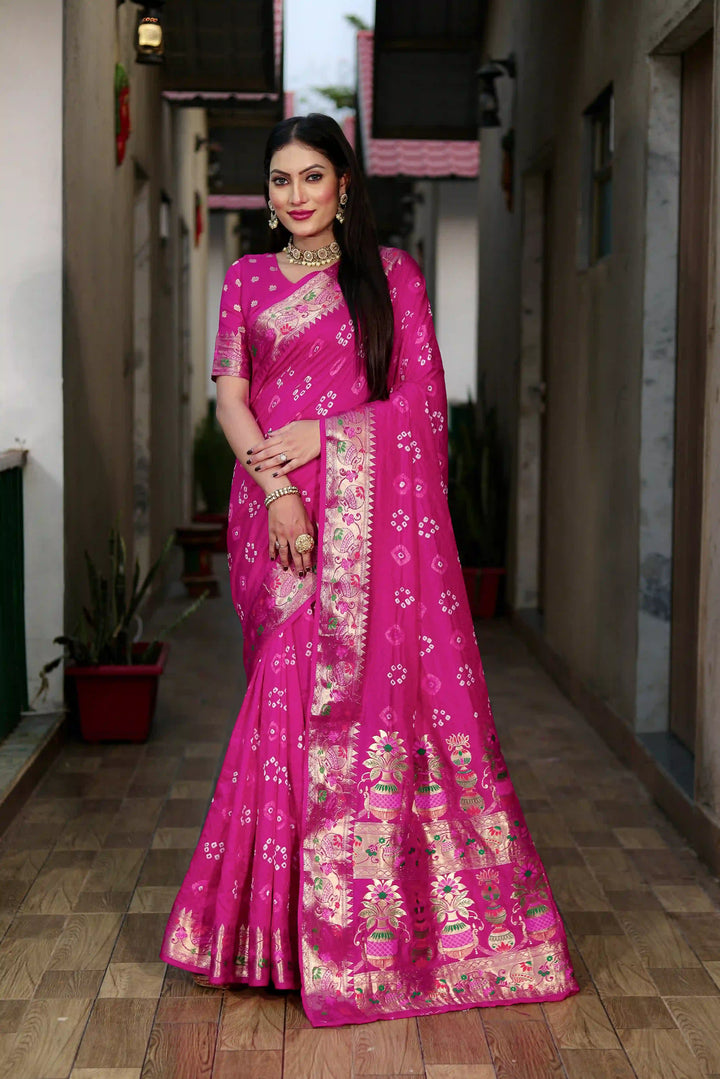 Dola Silk Party Wear Saree | Hand Printed Bandhej with Wevon Matka Border