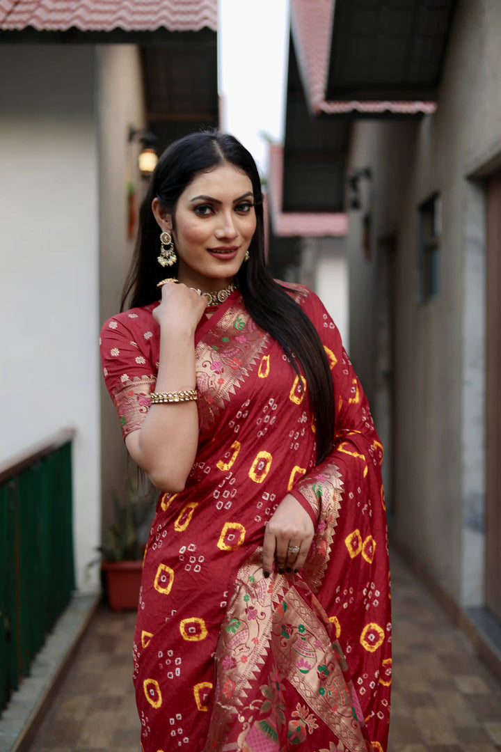 Dola Silk Party Wear Saree | Hand Printed Bandhej with Wevon Matka Border