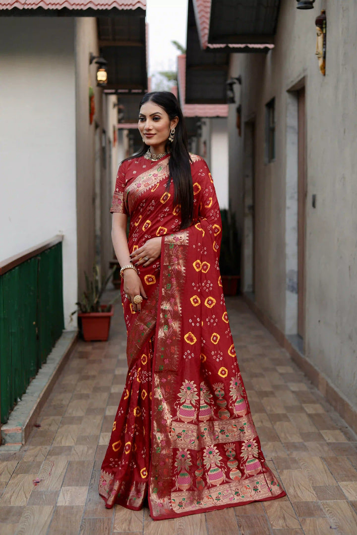 Dola Silk Party Wear Saree | Hand Printed Bandhej with Wevon Matka Border