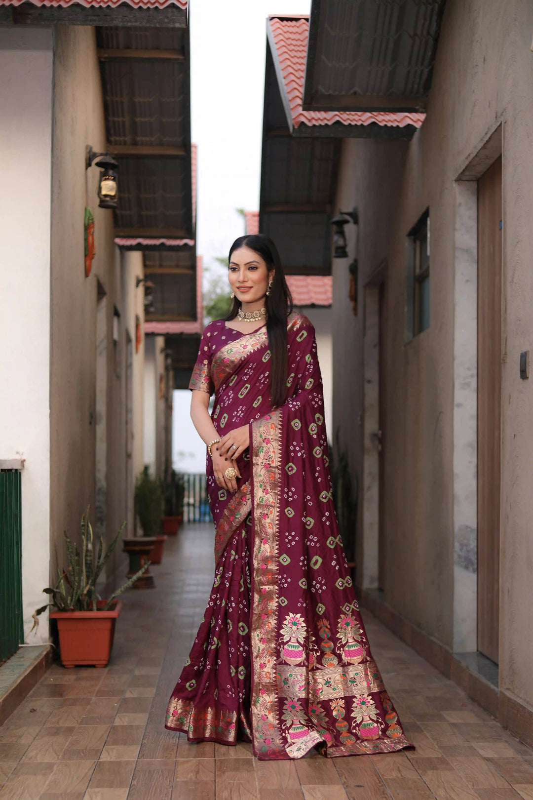 Dola Silk Party Wear Saree | Hand Printed Bandhej with Wevon Matka Border