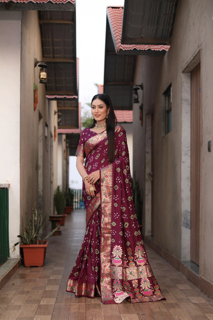 Dola Silk Party Wear Saree | Hand Printed Bandhej with Wevon Matka Border