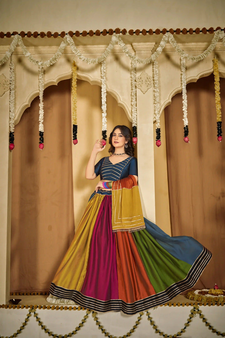 Charming Multi Rangoli Silk Lehenga with Orange Dupatta | Unmatched Beauty for Grand Occasions