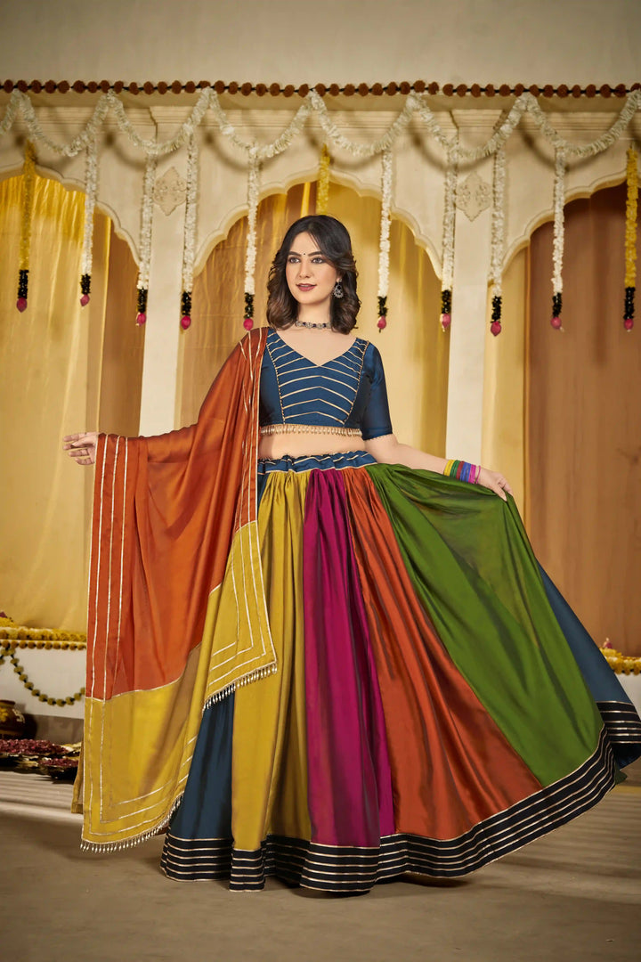 Charming Multi Rangoli Silk Lehenga with Orange Dupatta | Unmatched Beauty for Grand Occasions