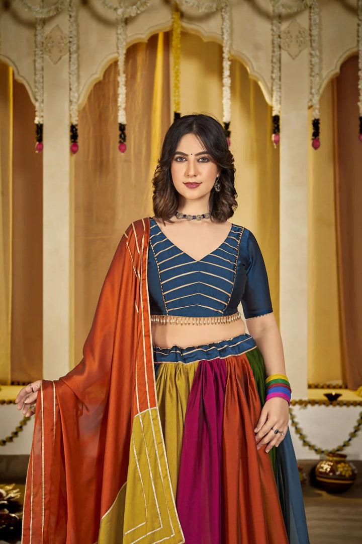 Charming Multi Rangoli Silk Lehenga with Orange Dupatta | Unmatched Beauty for Grand Occasions