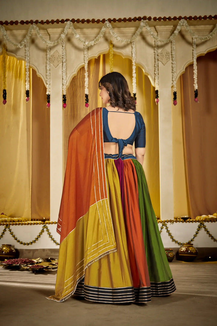 Charming Multi Rangoli Silk Lehenga with Orange Dupatta | Unmatched Beauty for Grand Occasions