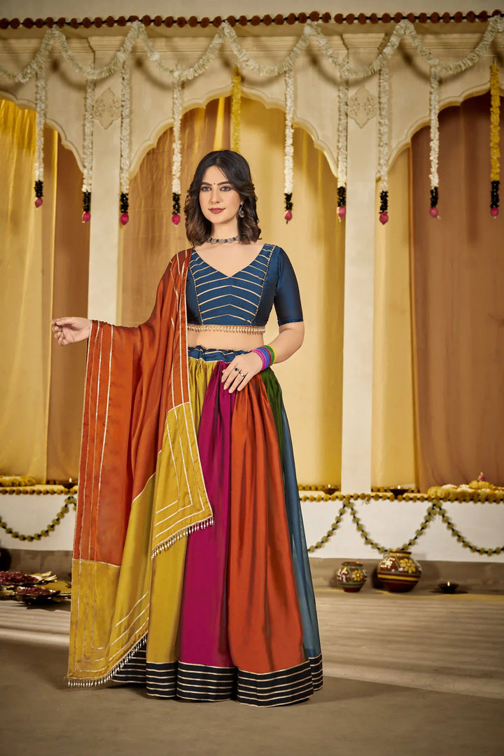 Charming Multi Rangoli Silk Lehenga with Orange Dupatta | Unmatched Beauty for Grand Occasions