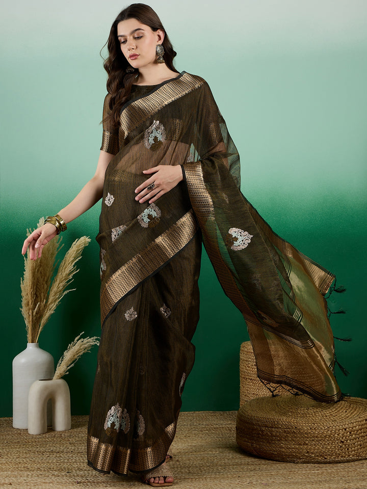 Khadi Organza Saree | Designer Wevon Embroidery Party Wear