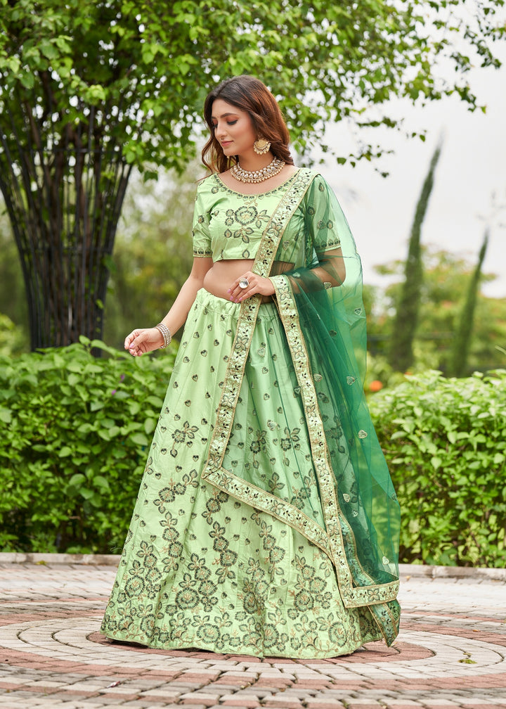 Sophisticated Pista Satin Silk Lehenga with green Dupatta | Unmatched Beauty for Grand Occasions