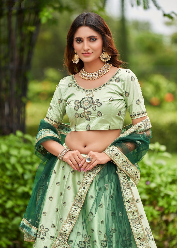 Sophisticated Pista Satin Silk Lehenga with green Dupatta | Unmatched Beauty for Grand Occasions
