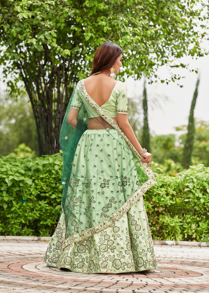 Sophisticated Pista Satin Silk Lehenga with green Dupatta | Unmatched Beauty for Grand Occasions