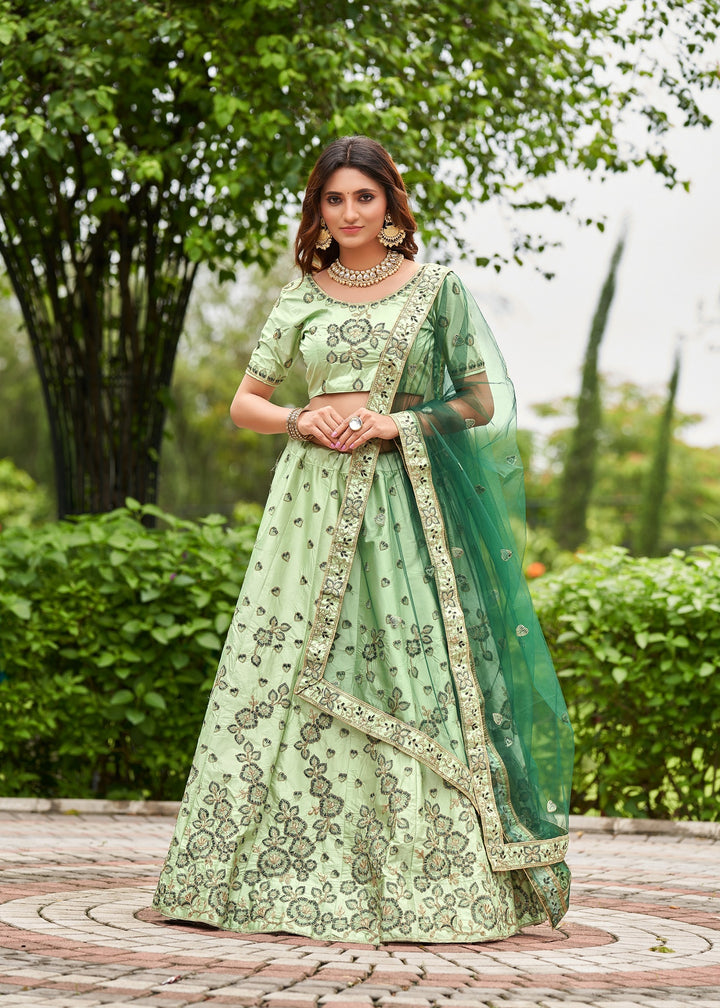 Sophisticated Pista Satin Silk Lehenga with green Dupatta | Unmatched Beauty for Grand Occasions