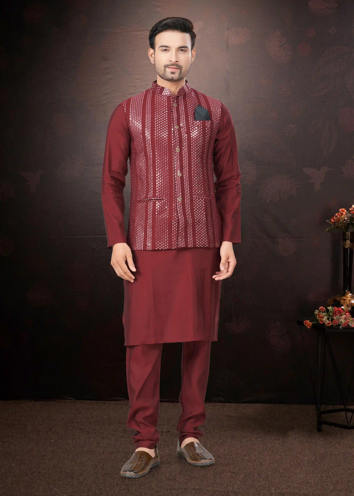 Silk Kurta Pajama with Koti | Mirror & Thread Embroidery for Party Wear