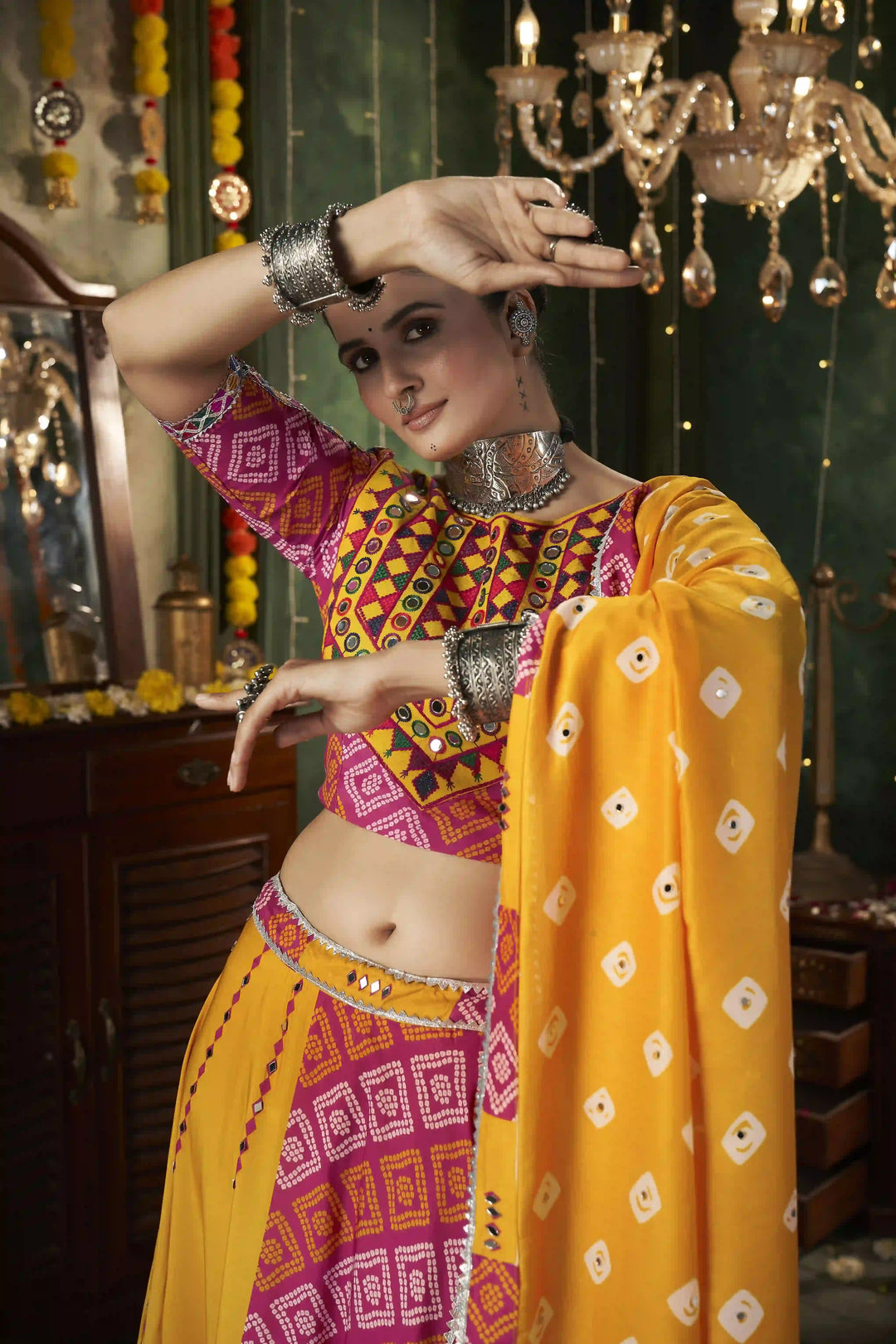 Pink & Yellow Lehenga Choli | Muslin Cotton Fabric with Mirror Work Navratri Special