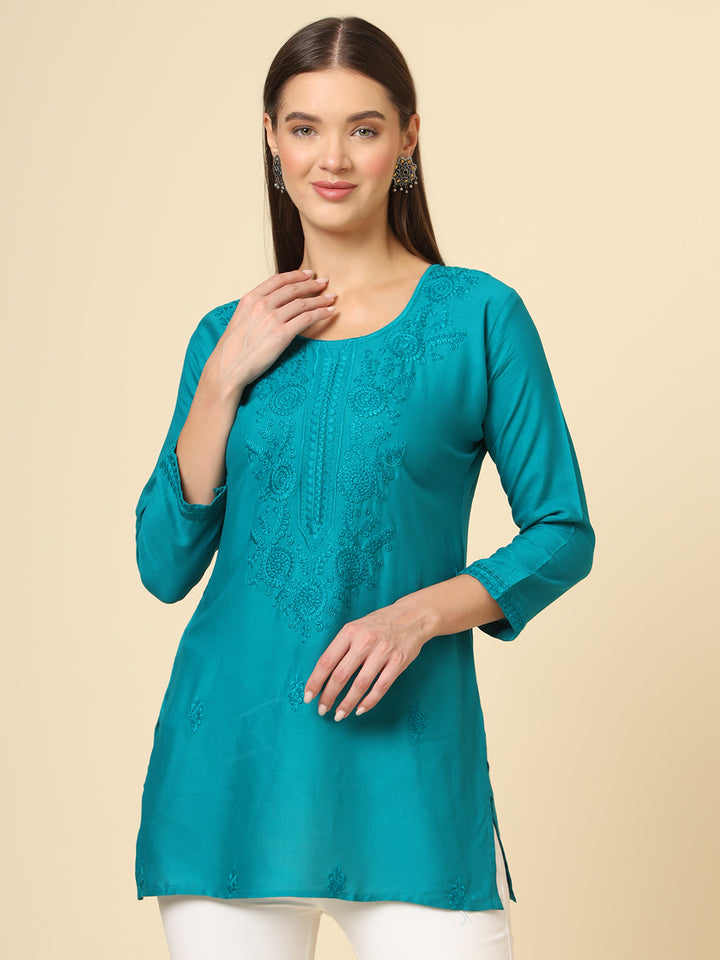 Stylish Lucknowi Kurti | Rayon Short Kurti with Chikankari Embroidery
