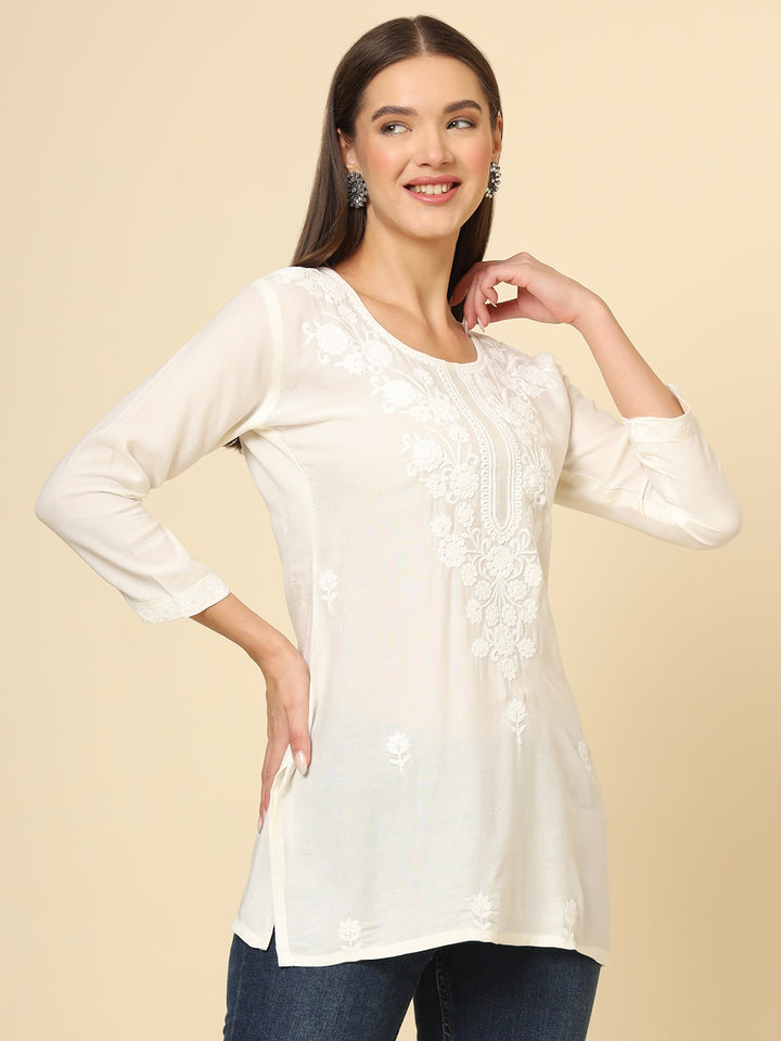 Stylish Short Kurti | Elegant Rayon Kurti with Chikankari Thread Work