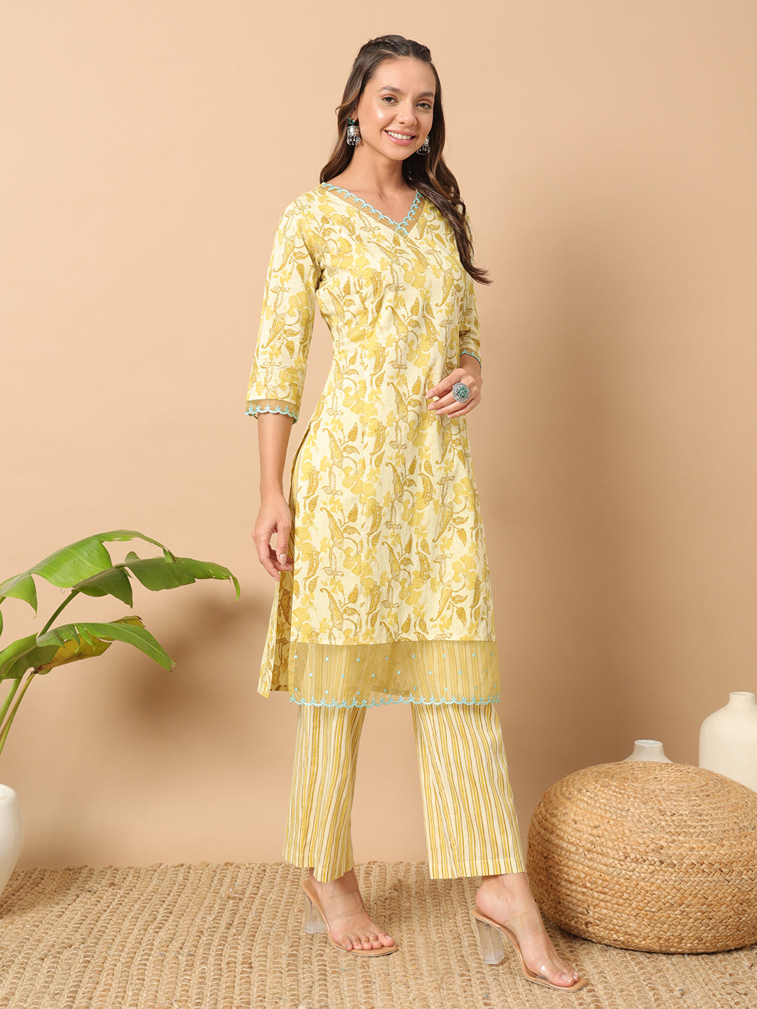Yellow Cotton Co-Ord Set | Designer Printed Top & Bottom for Women