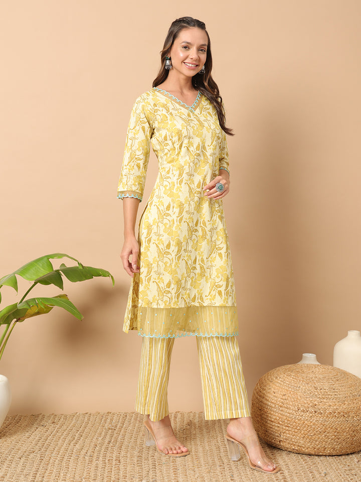 Yellow Cotton Co-Ord Set | Designer Printed Top & Bottom for Women