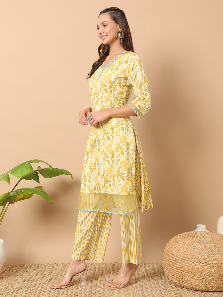 Yellow Cotton Co-Ord Set | Designer Printed Top & Bottom for Women