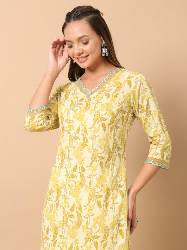 Yellow Cotton Co-Ord Set | Designer Printed Top & Bottom for Women