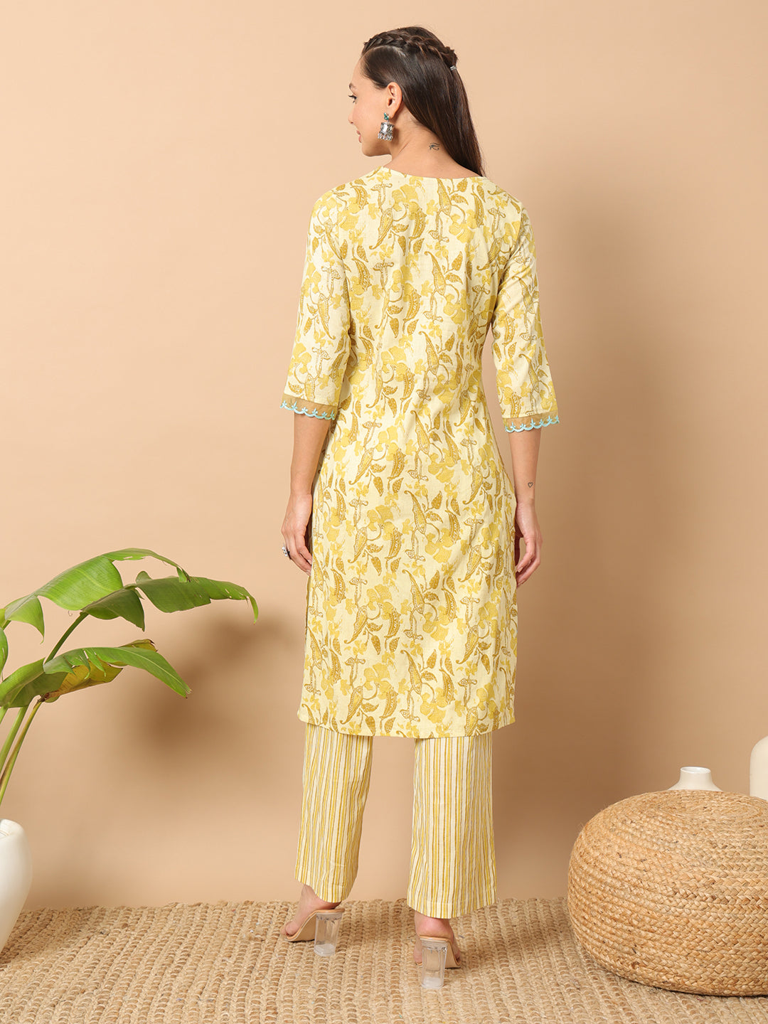 Yellow Cotton Co-Ord Set | Designer Printed Top & Bottom for Women